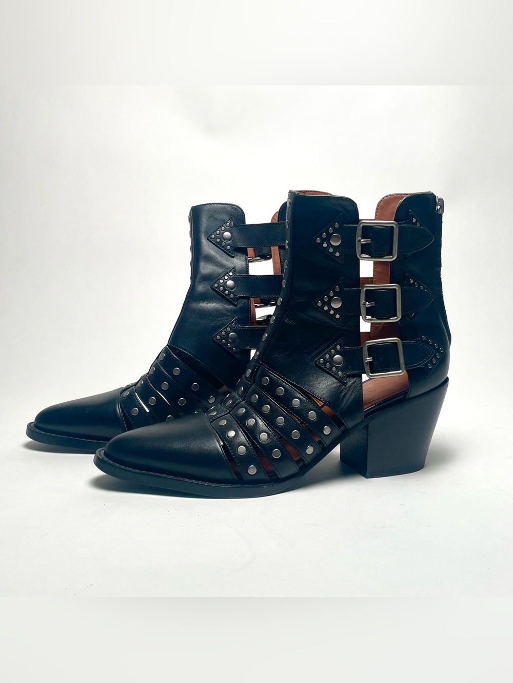 COACH Phoebe Black Leather Studded Cut-Out Ankle Boots Buckle Booties Size 7B
